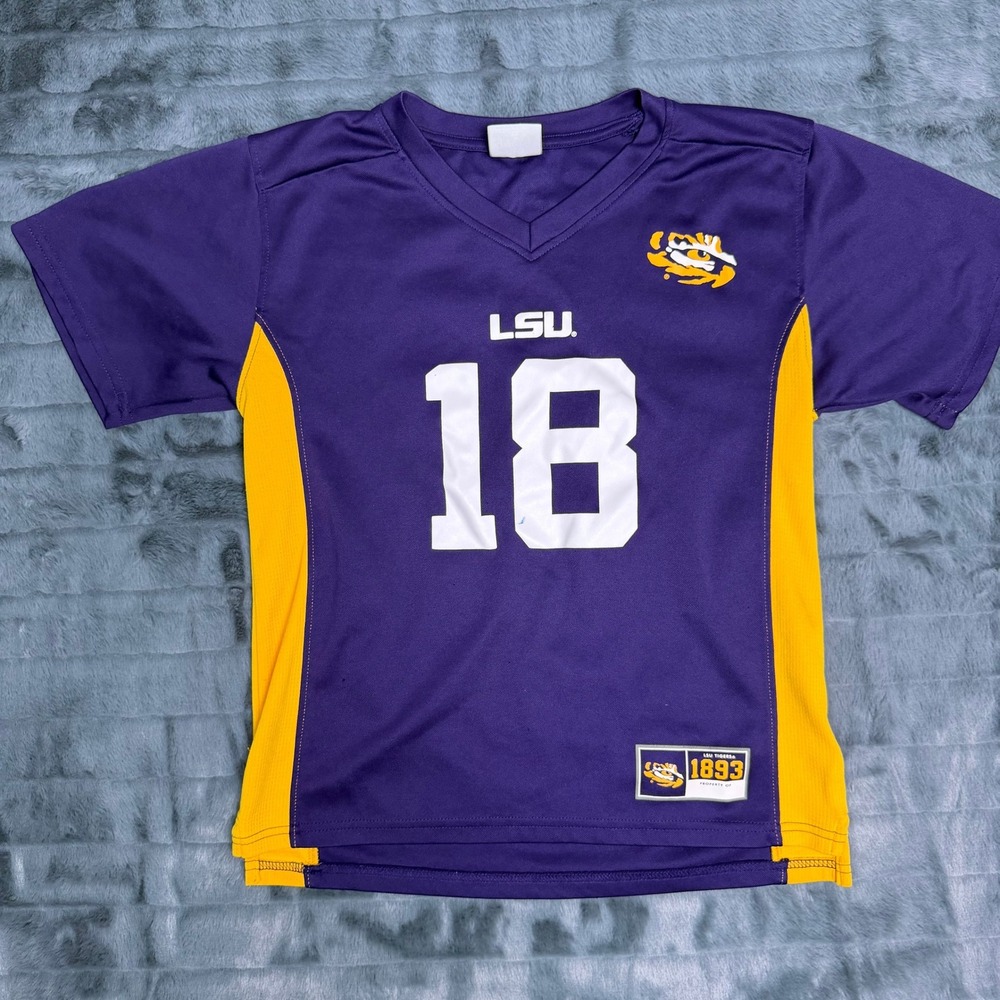 Knights Apparel LSU Tigers Youth Jersey Purple Gold Football Shirt Kids M 8/10